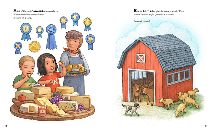 double-page spread about award-winning and barn for The ABCs of Wisconsin Cheese by Susan Apps-Bodilly and Renee Graef